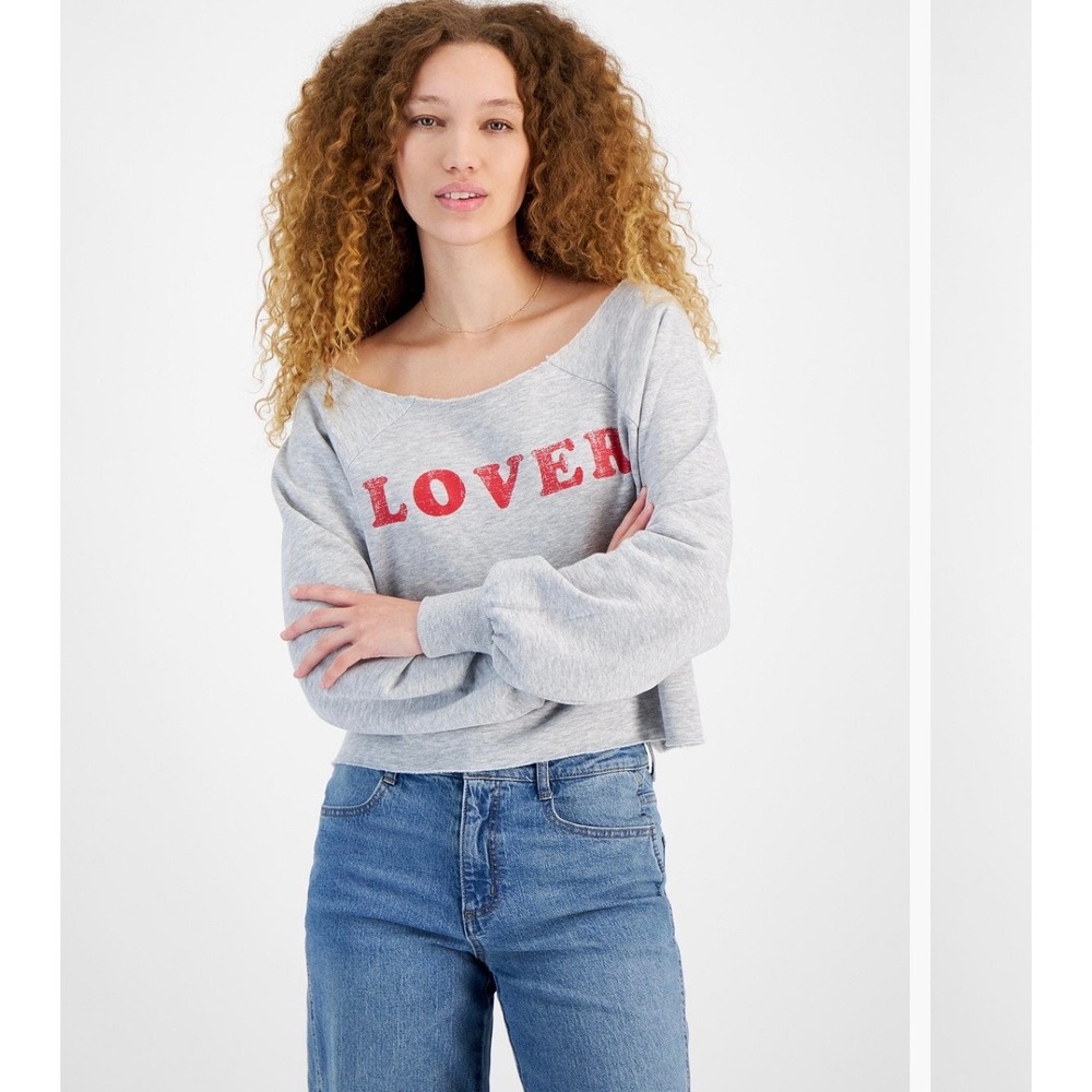 SELF ESTEEM Juniors' Off-The-Shoulder Lover Raglan Graphic Sweatshirt GREY M